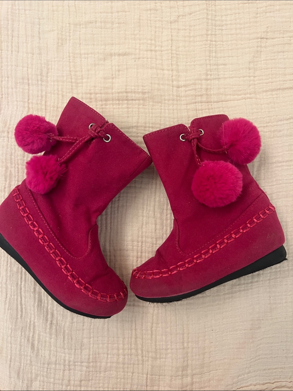 Fuchsia Suede Pom-Pom Wedge Boots